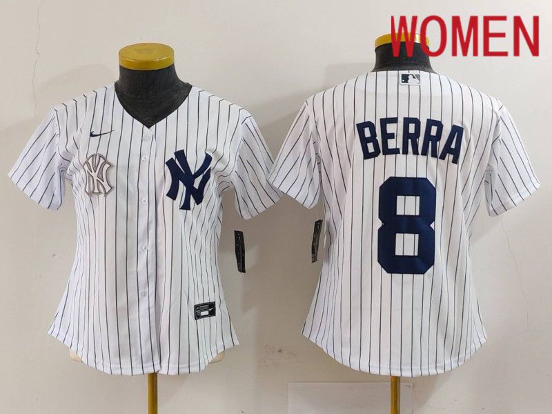 Women New York Yankees 8 Berra White stripe Game 2024 Nike MLB Jersey style 3